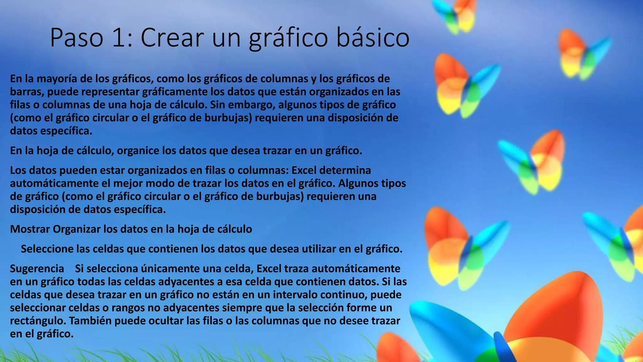 Paso 1: Crear un gráfico básico 
En la mayoría de los gráficos, como los gráficos de columnas y los gráficos de 
barras, puede representar gráficamente los datos que están organizados en las 
filas o columnas de una hoja de cálculo. Sin embargo, algunos tipos de gráfico 
(como el gráfico circular o el gráfico de burbujas) requieren una disposición de 
datos específica. 
En la hoja de cálculo, organice los datos que desea trazar en un gráfico. 
Los datos pueden estar organizados en filas o columnas: Excel determina 
automáticamente el mejor modo de trazar los datos en el gráfico. Algunos tipos 
de gráfico (como el gráfico circular o el gráfico de burbujas) requieren una 
disposición de datos específica. 
Mostrar Organizar los datos en la hoja de cálculo 
Seleccione las celdas que contienen los datos que desea utilizar en el gráfico. 
Sugerencia Si selecciona únicamente una celda, Excel traza automáticamente 
en un gráfico todas las celdas adyacentes a esa celda que contienen datos. Si las 
celdas que desea trazar en un gráfico no están en un intervalo continuo, puede 
seleccionar celdas o rangos no adyacentes siempre que la selección forme un 
rectángulo. También puede ocultar las filas o las columnas que no desee trazar 
en el gráfico. 
 