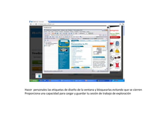 Hacer  personales las etiquetas de diseño de la ventana y bloquearlas evitando que se cierrenProporciona una capacidad para cargar y guardar tu sesión de trabajo de exploración