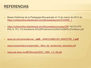 REFERENCIAS
 Bases Históricas de la Pedagogia.Recuperado el 13 de marzo de 2014 de
https://uniteconline.blackboard.com/bbcswebdau/xid-6123092_1
 https://uniteconline.blackboard.com/bbcswebdav/couses/UNI 142 03 LPO
PGL1L TFL 114 A/subtema El%20Positivismo%20en%20M%c3%A9xicx.pdf
 www.csi-csif.es/andalucia/.../pdf/.../ANA%20BELEN_MAESTRE_2.pdf
 www.mutuamotera.org/gn/web/.../libro_de_tendencias_docentes.pdf
 www.cee.iteso.mx/BE/RevistaCEE/t_1994_1-2_06.pdf
 