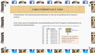 CARACTERISITCAS Y USOS
Características: Esta función permite determinar el valor de los problemas de la euacion a
resolver.
Usos: Estos usos se los puede dar a las herramientas que Excel lo requiera continuamente en la
actualización de documentos.
 