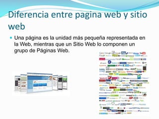 Diferencia entre pagina web y sitio
web
 Una página es la unidad más pequeña representada en

la Web, mientras que un Sitio Web lo componen un
grupo de Páginas Web.

 