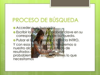 PROCESO DE BÚSQUEDA
 Acceder     a un buscador.
 Escribir la palabra o palabras clave en su
  correspondiente caja de búsqueda.
 Pulsar el botón Buscar o la tecla INTRO.
Y con esos sencillos pasos tendremos a
nuestro alcance un gran listado de
resultados entre los cuales, muy
probablemente, encontraremos lo que
necesitamos
 