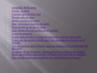  Amarillo: Reflexiona
 Verde: avance
 Camino (por donde vas)
 Donde sale el carro
 Quien conduce el carro
 Que velocidad marcha mi carro
 Para donde se dirige el carro
 Que obstáculos encuentra en el camino
 Como lo resuelve
 Como esta el trafico y como te relaciona con los otros carro
 Como me he sentido desde que vivo manejando el carro en el
mundo
 Veo un buenos ojos el futuro que me espera en la conducción de
mi carro
 La mitad de mi fracasos y desengaño en la conducción quiere
hacer aparentar o que no soy viviendo por fuera de la realidad
 Que puedo hacer para mejorar mi conducción en el futuro
 
