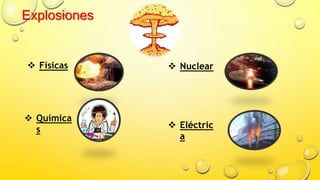 Explosiones
 Físicas
 Química
s
 Nuclear
 Eléctric
a
 