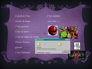-Caballo de Troya              -Virus múltiples

-bombas de tiempo              - entre otros…..

-Virus graciosos

-Virus de macro

-Virus de colapso de sistema

-Puertas Traseras

-gusanos

-Virus Polimorfos
 