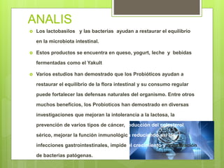 ANALIS
 Los lactobasilos y las bacterias ayudan a restaurar el equilibrio
en la microbiota intestinal.
 Estos productos se encuentra en queso, yogurt, leche y bebidas
fermentadas como el Yakult
 Varios estudios han demostrado que los Probióticos ayudan a
restaurar el equilibrio de la flora intestinal y su consumo regular
puede fortalecer las defensas naturales del organismo. Entre otros
muchos beneficios, los Probioticos han demostrado en diversas
investigaciones que mejoran la intolerancia a la lactosa, la
prevención de varios tipos de cáncer, reducción del colesterol
sérico, mejorar la función inmunológica reduciendo así las
infecciones gastrointestinales, impide el crecimiento y colonización
de bacterias patógenas.
 