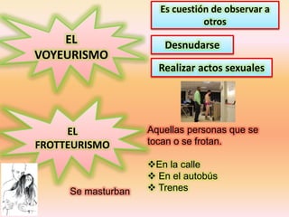 EL
VOYEURISMO
Es cuestión de observar a
otros
Desnudarse
Realizar actos sexuales
EL
FROTTEURISMO
Aquellas personas que se
tocan o se frotan.
En la calle
En el autobús
Trenes
Se masturban