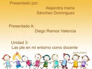 Presentado por:
Alejandra maría
Sánchez Domínguez
Presentado A:
Diego Ramos Valencia
Unidad 3:
Las ple en mi entorno como docente
JULIO 27/2013
 