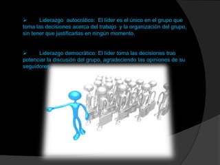      Liderazgo autocrático: El líder es el único en el grupo que
toma las decisiones acerca del trabajo y la organización del grupo,
sin tener que justificarlas en ningún momento.


     Liderazgo democrático: El líder toma las decisiones tras
potenciar la discusión del grupo, agradeciendo las opiniones de su
seguidores.
 