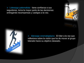  Liderazgo paternalista : tiene confianza e sus
seguidores, toma la mayor parte de las decisiones
entregando recompensas y castigos a la vez.




                       liderazgo onomatopéyico: El líder a la vez que
                      reflexiona sobre la visión que ha de mover al grupo
                      liderado hacia su objetivo deseado.
 