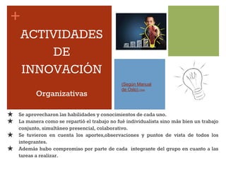 +
Organizativas
★ Se aprovecharon las habilidades y conocimientos de cada uno.
★ La manera como se repartió el trabajo no fué individualista sino más bien un trabajo
conjunto, simultáneo presencial, colaborativo.
★ Se tuvieron en cuenta los aportes,observaciones y puntos de vista de todos los
integrantes.
★ Además hubo compromiso por parte de cada integrante del grupo en cuanto a las
tareas a realizar.
ACTIVIDADES
DE
INNOVACIÓN
(Según Manual
de Oslo) Click
 