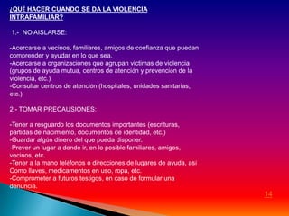 ¿QUÉ HACER CUANDO SE DA LA VIOLENCIA
INTRAFAMILIAR?

1.- NO AISLARSE:

-Acercarse a vecinos, familiares, amigos de confianza que puedan
comprender y ayudar en lo que sea.
-Acercarse a organizaciones que agrupan victimas de violencia
(grupos de ayuda mutua, centros de atención y prevención de la
violencia, etc.)
-Consultar centros de atención (hospitales, unidades sanitarias,
etc.)

2.- TOMAR PRECAUSIONES:

-Tener a resguardo los documentos importantes (escrituras,
partidas de nacimiento, documentos de identidad, etc.)
-Guardar algún dinero del que pueda disponer.
-Prever un lugar a donde ir, en lo posible familiares, amigos,
vecinos, etc.
-Tener a la mano teléfonos o direcciones de lugares de ayuda, así
Como llaves, medicamentos en uso, ropa, etc.
-Comprometer a futuros testigos, en caso de formular una
denuncia.
                                                                    14
 
