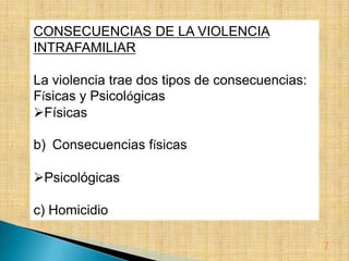 CONSECUENCIAS DE LA VIOLENCIA
INTRAFAMILIAR

La violencia trae dos tipos de consecuencias:
Físicas y Psicológicas
Físicas

b) Consecuencias físicas

Psicológicas

c) Homicidio

                                                7
 