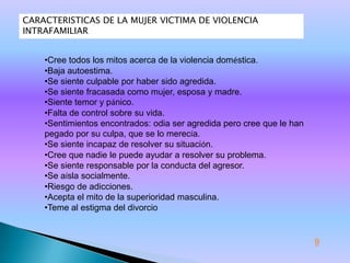 CARACTERISTICAS DE LA MUJER VICTIMA DE VIOLENCIA
INTRAFAMILIAR


    •Cree todos los mitos acerca de la violencia doméstica.
    •Baja autoestima.
    •Se siente culpable por haber sido agredida.
    •Se siente fracasada como mujer, esposa y madre.
    •Siente temor y pánico.
    •Falta de control sobre su vida.
    •Sentimientos encontrados: odia ser agredida pero cree que le han
    pegado por su culpa, que se lo merecía.
    •Se siente incapaz de resolver su situación.
    •Cree que nadie le puede ayudar a resolver su problema.
    •Se siente responsable por la conducta del agresor.
    •Se aísla socialmente.
    •Riesgo de adicciones.
    •Acepta el mito de la superioridad masculina.
    •Teme al estigma del divorcio


                                                                        9
 