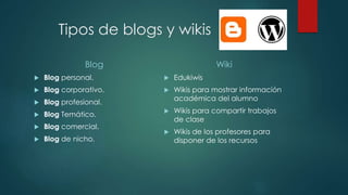 Tipos de blogs y wikis
Blog
 Blog personal.
 Blog corporativo.
 Blog profesional.
 Blog Temático.
 Blog comercial.
 Blog de nicho.
Wiki
 Edukiwis
 Wikis para mostrar información
académica del alumno
 Wikis para compartir trabajos
de clase
 Wikis de los profesores para
disponer de los recursos
 