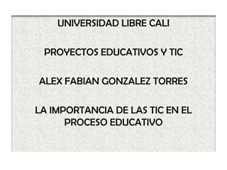 UNIVERSIDAD LIBRE CALI

 PROYECTOS EDUCATIVOS Y TIC

ALEX FABIAN GONZALEZ TORRES

LA IMPORTANCIA DE LAS TIC EN EL
      PROCESO EDUCATIVO
 