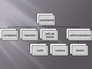 presidenta 
contadora tesorera 
jefa de 
planta 
corte costura 
adminostradora 
diseño 
 