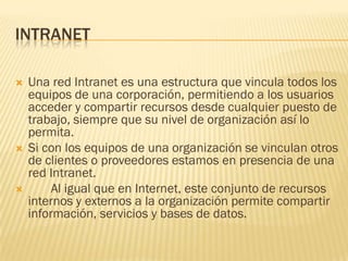 INTRANET






Una red Intranet es una estructura que vincula todos los
equipos de una corporación, permitiendo a los usuarios
acceder y compartir recursos desde cualquier puesto de
trabajo, siempre que su nivel de organización así lo
permita.
Si con los equipos de una organización se vinculan otros
de clientes o proveedores estamos en presencia de una
red Intranet.
Al igual que en Internet, este conjunto de recursos
internos y externos a la organización permite compartir
información, servicios y bases de datos.

 