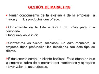 GESTIÓN  DE MARKETING Tomar conocimiento de la existencia de la empresa, la marca y  los productos que ofrece. Considerarla en la lista o libreta de notas para ir a conocerla. ·Hacer una visita inicial. Convertirse en cliente ocasional. En este momento, la empresa debe profundizar las relaciones con este tipo de cliente. Establecerse como un cliente habitual. Es la etapa en que la empresa habrá de esmerarse por mantenerlo y agregarle mayor valor a sus productos.   