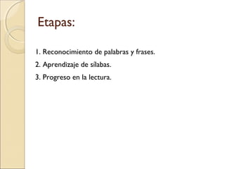 Etapas:
1. Reconocimiento de palabras y frases.
2. Aprendizaje de sílabas.
3. Progreso en la lectura.
 