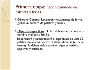 Primera etapa: Reconocimiento de
palabras y frases.
 Objetivo General: Reconocer visualmente de forma
global un número de palabras y frases.
 Objetivos específicos: El niño deberá de reconocer su
nombre y el de su familia.
Reconocerá y comprenderá el significado de unas 50
palabras formadas por 2 o 3 sílabas directas (ej. casa,
mamá). Se deben incluir también algunos verbos,
adjetivos y artículos.
 