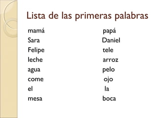 mamá papá
Sara Daniel
Felipe tele
leche arroz
agua pelo
come ojo
el la
mesa boca
Lista de las primeras palabras
 