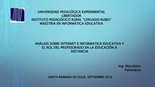 UNIVERSIDAD PEDAGÓGICA EXPERIMENTAL
LIBERTADOR
INSTITUTO PEDAGÓGICO RURAL “GERVASIO RUBIO”
MAESTRIA EN INFORMÁTICA EDUCATIVA
Ing. Maryleivis
Palomares
SANTA BARBARA DE ZULIA, SEPTIEMBRE 2016
ANÁLISIS SOBRE INTERNET E INFORMATICA EDUCATIVA Y
EL ROL DEL PROFESORADO EN LA EDUCACIÓN A
DISTANCIA
 