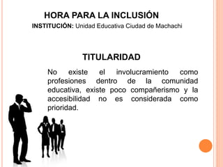 HORA PARA LA INCLUSIÓN
INSTITUCIÓN: Unidad Educativa Ciudad de Machachi
TITULARIDAD
No existe el involucramiento como
profesiones dentro de la comunidad
educativa, existe poco compañerismo y la
accesibilidad no es considerada como
prioridad.
 