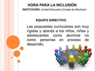 EQUIPO DIRECTIVO
Las propuestas curriculares son muy
rígidas y aborda a los niños, niñas y
adolescentes como alumnos no
como personas en proceso de
desarrollo.
HORA PARA LA INCLUSIÓN
INSTITUCIÓN: Unidad Educativa Ciudad de Machachi
 