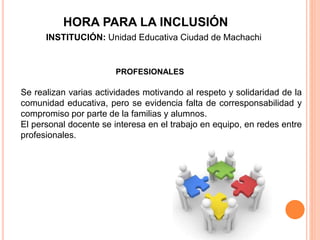 PROFESIONALES
Se realizan varias actividades motivando al respeto y solidaridad de la
comunidad educativa, pero se evidencia falta de corresponsabilidad y
compromiso por parte de la familias y alumnos.
El personal docente se interesa en el trabajo en equipo, en redes entre
profesionales.
HORA PARA LA INCLUSIÓN
INSTITUCIÓN: Unidad Educativa Ciudad de Machachi
 