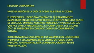 FILOSOFIA CORPORATIVA
NUESTRA MISIÓN ES LA GUÍA DE TODAS NUESTRAS ACCIONES.
EL PERSEGUIR SU LOGRO DÍA CON DÍA Y EL QUE DIARIAMENTE
AVANCEMOS EN NUESTROS PROPÓSITOS CONSTITUYE NUESTRA RAZÓN
DE SER COMO EMPRESA. NUESTROS PRINCIPIOS Y VALORES SON LOS
QUE NOS DAN LA PERSONALIDAD, LA FORMA DE SER. LOS VALORES
SÓLO SE ENTIENDEN EN CONJUNTO COMO UN COMPLEMENTO
INTEGRAL.
REPRESENTAMOS A CADA UNO DE LOS VALORES CON LOS COLORES
PRIMARIOS Y SECUNDARIOS. EN EL CENTRO DE TODOS, COMO
PRINCIPIO FUNDAMENTAL, ESTÁ LA PERSONA, ORIGEN Y FIN DE
NUESTRA ACCIÓN.
 