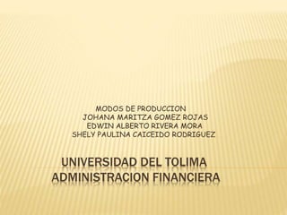 MODOS DE PRODUCCION 
JOHANA MARITZA GOMEZ ROJAS 
EDWIN ALBERTO RIVERA MORA 
SHELY PAULINA CAICEIDO RODRIGUEZ 
UNIVERSIDAD DEL TOLIMA 
ADMINISTRACION FINANCIERA 
 