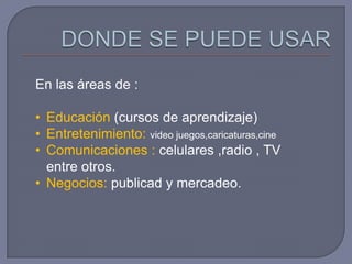En las áreas de :

• Educación (cursos de aprendizaje)
• Entretenimiento: video juegos,caricaturas,cine
• Comunicaciones : celulares ,radio , TV
  entre otros.
• Negocios: publicad y mercadeo.
 