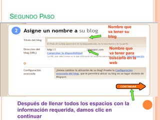 SEGUNDO PASO
                                    Nombre que
                                    va tener su
                                    blog

                                     Nombre que
                                     va tener para
                                     buscarlo en la
                                     web




  Después de llenar todos los espacios con la
  información requerida, damos clic en
  continuar
 