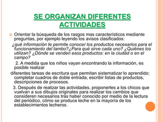SE ORGANIZAN DIFERENTES 
ACTIVIDADES 
 Orientar la búsqueda de los rasgos mas característicos mediante 
preguntas, por ejemplo leyendo los avisos clasificados: 
¿qué información te permite conocer los productos necesarios para el 
funcionamiento del tambo?¿Para qué sirve cada uno? ¿Quiénes los 
utilizan? ¿Dónde se venden esos productos: en la ciudad o en el 
campo? 
2. A medida que los niños vayan encontrando la información, es 
posible realizar 
diferentes tareas de escritura que permitan sistematizar lo aprendido: 
completar cuadros de doble entrada, escribir listas de productos, 
descripciones de procesos. 
3. Después de realizar las actividades, proponerles a los chicos que 
vuelvan a sus dibujos originales para realizar los cambios que 
consideren necesarios tras haber conocido por medio de la lectura 
del periódico, cómo se produce leche en la mayoría de los 
establecimientos lecheros. 
