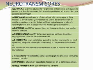 NEUROTRANSMISORES
ACELTICOLINA: Es el mas abundante y el principal en la sinapsis. Es la sustancia
química que lleva los mensajes de los nervios periféricos a los músculos para
que estos se contraigan
LA SERETONINA:se origina en el núcleo del rafe y las neuronas de la línea
media de la protuberancia y el mesencéfalo. Deriva de la hidroxilación del
triptófano mediante la acción de la triptófano- hidroxilasa que produce 5hidroxitriptófano; éste es descarboxilado, dando lugar a la serotonina.
LA DOPAMINA: es el NT de algunas fibras nerviosas y periféricas y de muchas
neuronas centrales
LA NOREDRENALINA:es el NT de la mayor parte de las fibras simpáticas
posganglionares y muchas neuronas centrales
LA B- ENDORFINA es un polipéptido que activa muchas neuronas (p. ej., en el
hipotálamo, amígdala, tálamo y locus ceruleus). El cuerpo neuronal contiene
un
gran polipéptido denominado proopiomelanocortina, el precursor de varios
Neuropéptidos
La metencefalina y leuencefalina son pequeños péptidos presentes en muchas
neuronas centrales

AMINOACIDOS: Glutamo y aspartato. Presentes en la corteza cerebral.

Acido g- Aminobutirico. Es un inhibitorio cerebral

 