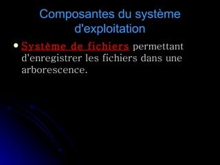Composantes du système d'exploitation Système de fichiers  permettant d'enregistrer les fichiers dans une arborescence. 