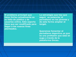 El problema principal que       La estrategia que hay que
tiene OnCeu actualmente es      seguir es potenciar el
su falta de público y de        periodismo en los jóvenes y
usuarios online. Este soporte   de esta forma ampliar el
tiene que ser modificado para   target.
llegar a los nuevos fines
planteados.
                                Queremos fomentar el
                                periodismo deportiva ya que
                                es una profesión que está en
                                auge a través de la
                                plataforma Onceu.
 