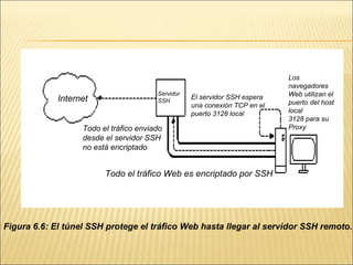 Internet Todo el tráfico enviado desde el servidor SSH no está encriptado Servidor SSH El servidor SSH espera una conexión TCP en el puerto 3128 local Los navegadores Web utilizan el puerto del host local 3128 para su Proxy Todo el tráfico Web es encriptado por SSH Figura 6.6: El túnel SSH protege el tráfico Web hasta llegar al servidor SSH remoto. 