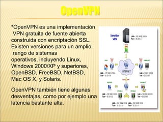 * OpenVPN es una implementación VPN gratuita de fuente abierta  construida con encriptación SSL.  Existen versiones para un amplio rango de sistemas operativos, incluyendo Linux, Windows 2000/XP y superiores,  OpenBSD, FreeBSD, NetBSD,  Mac OS X, y Solaris. OpenVPN también tiene algunas  desventajas, como por ejemplo una latencia bastante alta. OpenVPN 