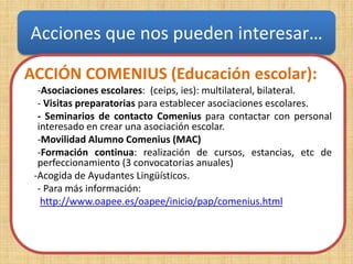 Acciones que nos pueden interesar…

ACCIÓN COMENIUS (Educación escolar):
  -Asociaciones escolares: (ceips, ies): multilateral, bilateral.
  - Visitas preparatorias para establecer asociaciones escolares.
  - Seminarios de contacto Comenius para contactar con personal
  interesado en crear una asociación escolar.
  -Movilidad Alumno Comenius (MAC)
  -Formación continua: realización de cursos, estancias, etc de
  perfeccionamiento (3 convocatorias anuales)
 -Acogida de Ayudantes Lingüísticos.
  - Para más información:
   http://www.oapee.es/oapee/inicio/pap/comenius.html
 