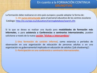 En cuanto a la FORMACIÓN CONTINUA
                                            GRUNDTVIG formación continua
                                               En cuanto a la


La formación debe realizarse en otro país europeo y puede adoptar la forma de:
          1.-Un curso estructurado para el personal educativo de los centros escolares
 Catálogo: http://ec.europa.eu/education/trainingdatabase/search.cfm


Si lo que se desea es realizar una Ayuda para modalidades de formación más
informales, o para asistencia a Conferencias o seminarios internacionales, pueden
solicitarse a través de la nueva acción ‘Visitas e intercambios’:

          2.-Una formación de carácter informal, como estancias o períodos de
observación en una organización de educación de personas adultas o en una
organización no gubernamental implicada en educación de adultos (‘job shadowing’)
          3.-Participación en una conferencia o seminario internacionales.
 