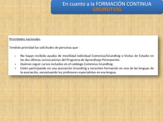 En cuanto a la FORMACIÓN CONTINUA
             GRUNDTVIG formación continua
                En cuanto a la
 