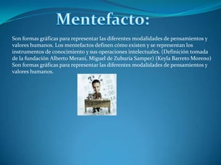 Mentefacto:Son formas gráficas para representar las diferentes modalidades de pensamientos y valores humanos. Los mentefactos definen cómo existen y se representan los instrumentos de conocimiento y sus operaciones intelectuales. (Definición tomada de la fundación Alberto Merani, Miguel de Zuburía Samper) (Keyla Barreto Moreno) Son formas gráficas para representar las diferentes modalidades de pensamientos y valores humanos.