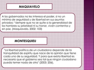 MAQUIAVELO 
A los gobernados no les interesa el poder, si no un 
mínimo de seguridad y de libertad en sus asuntos 
privados: “siempre que no se quite a la generalidad de 
los hombres su prioridad ni su honor, viven contentos y 
en paz. (Maquiavelo, 2002: 103) 
MONTESQUIEU 
"La libertad política de un ciudadano depende de la 
tranquilidad de espíritu que nace de la opinión que tiene 
cada uno de su seguridad. Y para que exista libertad es 
necesario que el gobierno sea tal que ningún ciudadano 
pueda temer nada de otro" (2003: 206). 
 