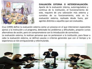 Cruz (1999) define la evaluación externa como un proceso en el que intervienen especialista
ajenos a la institución a al programa, detectado los problemas y dificultades, propone cursos
alternativos de acción, pero sin comprometerse con la introducción de correctivos.
La evaluación externa, la realizan personas que no pertenecen a la institución, para llevar a
cabo la evaluación externa, se definen pautas o criterios generales que con el tiempo y la
experiencia se irán enriqueciendo y reformulando.
EVALUACIÓN EXTERNA O HETEROEVALUACIÓN:
Aparte de la evaluación interna, autorreguladora y
continua de la institución, el funcionamiento de
este, requiere de una valoración más externa y
sumativa de su funcionamiento, esto es la
evaluación externa, realizada desde fuera, por
agentes distintos a aquellos que son evaluados.
 
