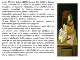 Según, Mendivil Zuñiga (1989) Romero Díaz (1989) y Salcedo
(1995), coinciden en la definición de criterio válido para la
evaluación en cualquier institución, independientemente de
cualquier modalidad del Sistema Educativo; estos son:
efectividad institucional, eficacia y eficiencia.
Efectividad Institucional: Expresa cual es la relación entre los
resultados logrados y los propuestos, determinando el grado de
cumplimiento de los objetivos planificados.
Eficacia: Refiere la combinación de recursos, medios e
instrumentos para lograr la situación objetivo.
Eficiencia: Mayor combinación de los recursos para lograr un
mayor aprovechamiento de ellos al menor costo.
Los criterios antes mencionados deben ser conocidos por
quienes participan en el proceso evaluativo de una institución,
al mismo tiempo la evaluación requiere de una fundamentación
teórica, metodología, de técnicas que caracterizan a este tipo de
investigación, por consiguiente debe contar con un estilo propio,
guardar relación con el contexto socio-cultural, económico,
donde se inserta, el acuerdo entre los actores sociales de la
institución, de allí parte la utilización de criterios que permitan
comparar resultados versus lo planificado, al menor costo y con
el máximo aprovechamiento de los recursos, determinando con
ello, la efectividad institucional.
 