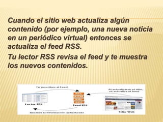 Cuando el sitio web actualiza algún
contenido (por ejemplo, una nueva noticia
en un periódico virtual) entonces se
actualiza el feed RSS.
Tu lector RSS revisa el feed y te muestra
los nuevos contenidos.
 