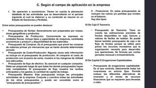 I. De operación o económicos: Tienen en cuenta la planeación
detallada de las actividades que se desarrollarán en el periodo
siguiente al cual se elaboran y, su contenido se resume en un
Estado de Ganancias y Pérdidas.
Entre estos presupuestos se pueden destacar:
 Presupuestos de Ventas: Generalmente son preparados por meses,
áreas geográficas y productos.
 Presupuestos de Producción: Comúnmente se expresan en
unidades físicas. incluye tipos y capacidades de máquinas, cantidades
económicas a producir y disponibilidad de los materiales.
 Presupuesto de Compras: Es el presupuesto que prevé las compras
de materias primas y/o mercancías que se harán durante determinado
periodo.
 Presupuesto de Costo-Producción: Algunas veces esta información
se incluye en el presupuesto de producción. Al comparar el costo de
producción con el precio de venta, muestra si los márgenes de utilidad
son adecuados.
 Presupuesto de flujo de efectivo: Es esencial en cualquier compañía.
Debe ser preparado luego de que todas los demás presupuestos hayan
sido completados. El presupuesto de flujo muestra los recibos
anticipados y los gastos, la cantidad de capital de trabajo.
 Presupuesto Maestro: Este presupuesto incluye las principales
actividades de la empresa. Conjunta y coordina todas las actividades
de los otros presupuestos y puede ser concebido como el
"presupuesto de presupuestos".
II . Financieros: En estos presupuestos se
incluyen los rubros y/o partidas que inciden
en el balance.
Hay dos tipos:
El De Caja O Tesorería.
• Presupuesto de Tesorería: Tiene en
cuenta las estimaciones previstas de
fondos disponibles en caja, bancos y
valores de fáciles de realizar. Se puede
llamar también presupuesto de caja o de
flujo de fondos porque se utiliza para
prever los recursos monetarios que la
organización necesita para desarrollar
sus operaciones. Se formula por cortos
periodos mensual o trimestralmente.
El De Capital O Erogaciones Capitalizables.
• Presupuesto de erogaciones capitalizable:
Es el que controla, básicamente todas las
inversiones en activos fijos. Permite
evaluar las diferentes alternativas de
inversión y el monto de recursos
financieros que se requieren para llevarlas
a cabo.
C. Según el campo de aplicación en la empresa
 