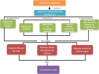 PRIMEROS AUXILIOS
Consiste en
Apoyo en situaciones de
emergencia
Se requiere conocer Se debe valorar Es necesario aplicar
Plan de accion
Botiquín de antes, durante y
primeros Signos vitales Todas las despues de
auxilios Entorno del del lesiones situaciones de
accidente (evaluación (evaluación desastre
primaria) secundario)
Para realizar
Soporte básicos Manejo inicial Manejo inicial de
de vida del estado de hemorragias
choque
Para
Conservar la vida